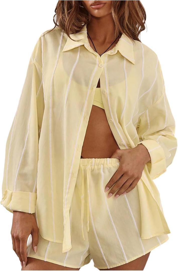 Verdusa Women's Oversized Striped Button Down Shirts Cruise Outfits for Women 2026, Medium