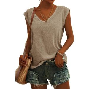 Womens Summer Tee Tops 2026 Cap Sleeve Trendy Tank Top V Neck T Shirts Casual Basic Boho Loose Fit Spring Fashion Shirt (S)
