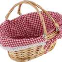 2 PCS Natural Wicker Basket with Double Handles and Washable Gingham Liner, Small Hand Woven Gifts Basket Empty for Easter, Picnics, Gifts, Home Decor, Candy Fruit Storage, 13 x 9 x 4.7 Inch