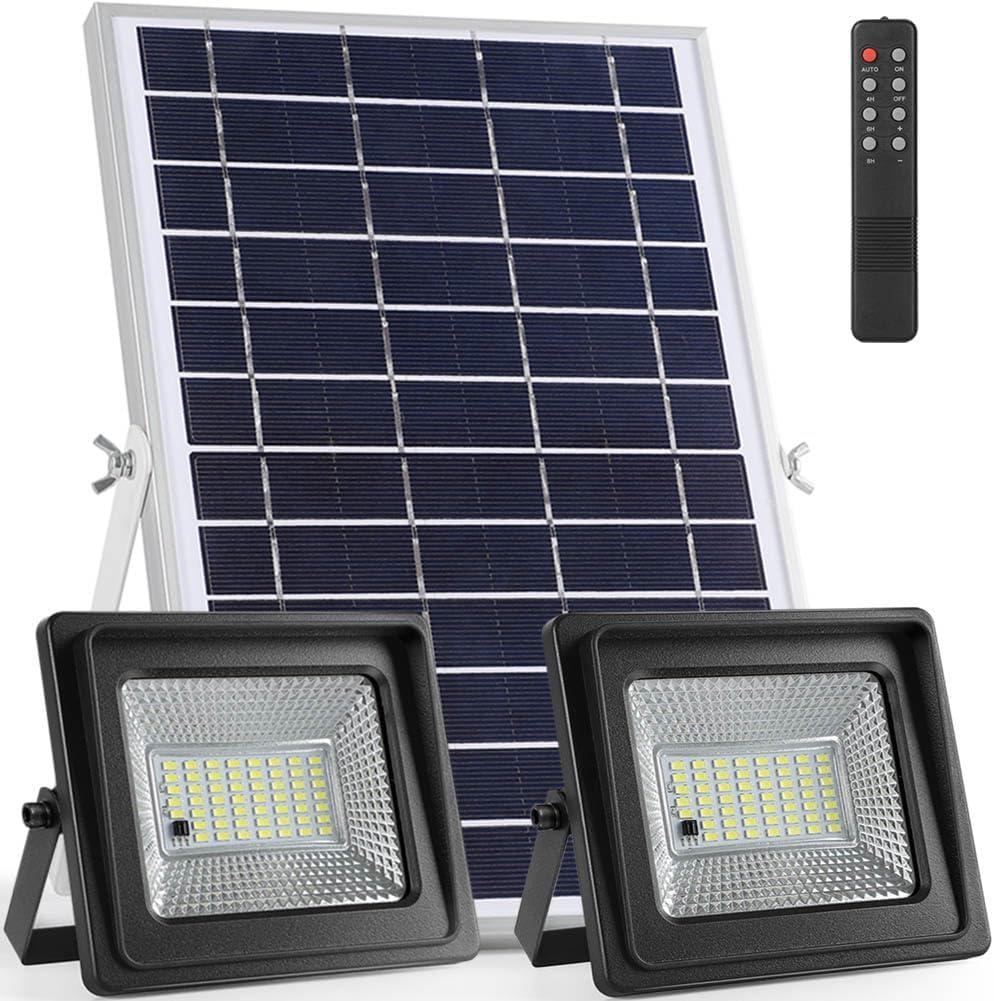 Solar Flood Lights Outdoor, 2024 Dusk to Dawn IP67 Waterproof USB and Solar Powered Security Yard Barn Sign Shed Garage Light with Remote Control 16.4ft Cords 108 Led 6500K (Medium)