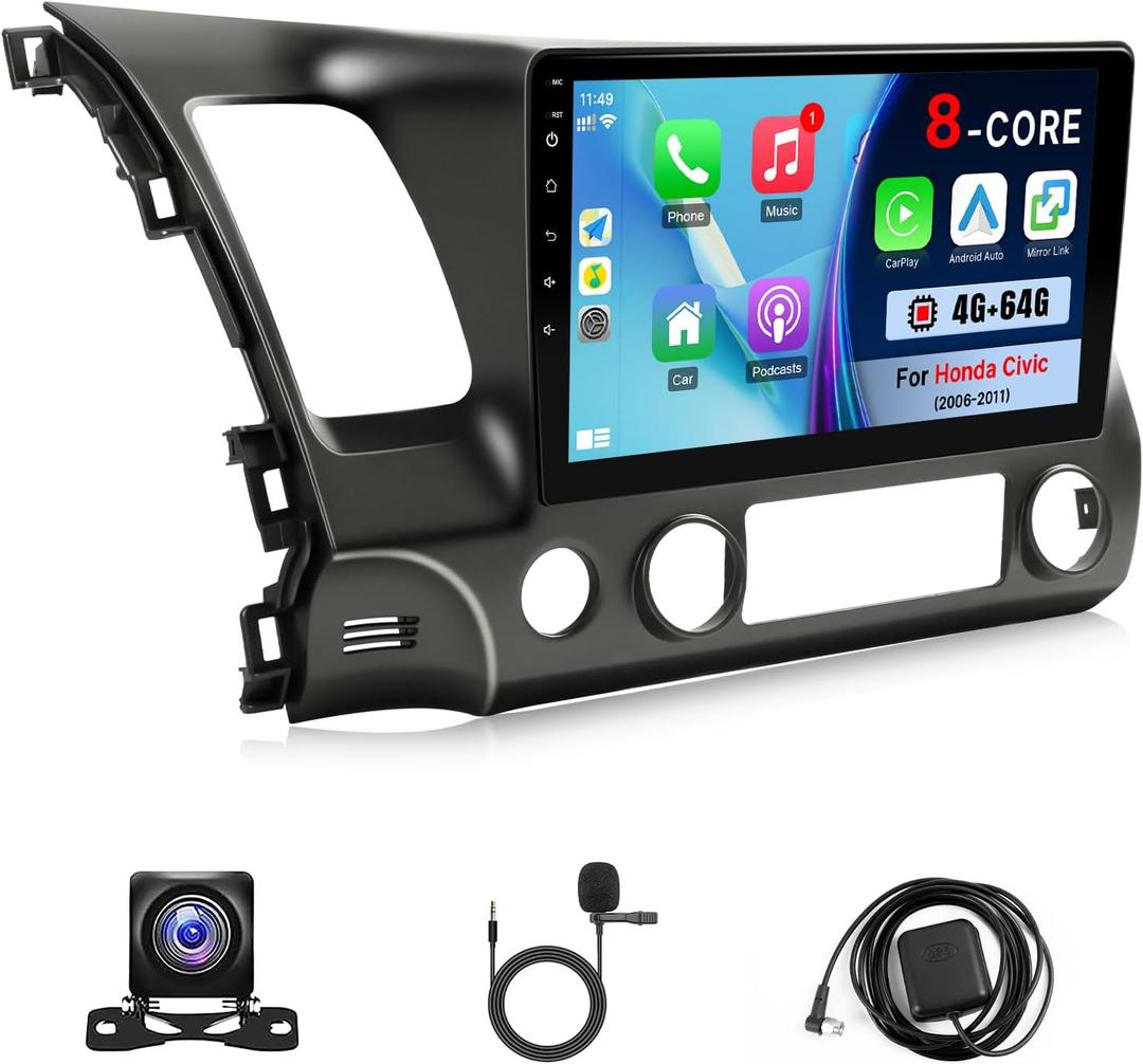 8-Core 4+64GB Upgrade Car Radio for Honda Civic 2006 2007 2008 2009 2010 2011 Stereo with Carplay Android Auto, 10.1" Touch Screen for Civic with GPS/WiFi/BT/FM/SWC + MIC + Backup Camera