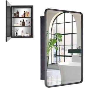 Black Bathroom Medicine Cabinet with Mirror 16 x 24 Metal Frame Recessed Or Wall Mounted Single Door Storage Medicine Cabinets with Adjustable Shelves Rounded Corner Beveled Mirrors 16x24'', Matt Black