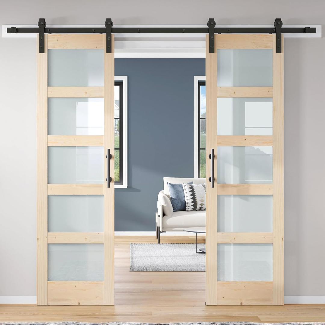 Double 2484 inch Glass Sliding Barn Door Slab with 8ft Hardware Kit Included, 5-Panel Frosted Glass, Spruce Wood Support DIY Dyeing, Easy Assembly