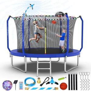Lyromix Upgraded Trampoline 10FT With Basketball Hoop, Light, Sprinkler, Stakes - Outdoor Backyard for 4-6 Kids and Adults