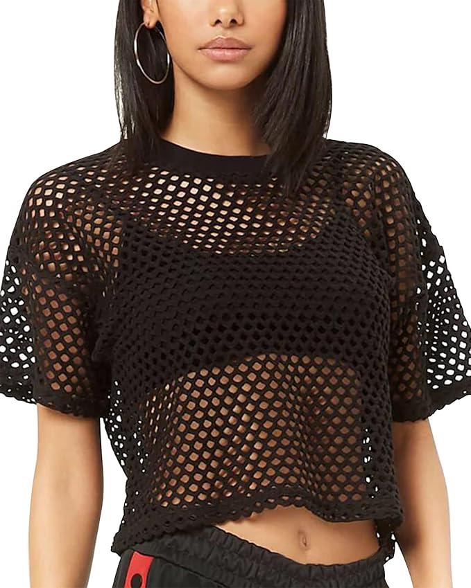 CLOZOZ Women's Mesh Crop Top See Through Fishnet Shirt Crew Neck Sheer Cover Up, Size M