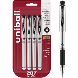 uni-ball Signo 207 Impact Stick Gel Pen, 4 Black Pens, 1.0mm Bold Point Gel Pens, Smooth Writing, Archival-Quality Ink, Acid-Free, Superior Comfort