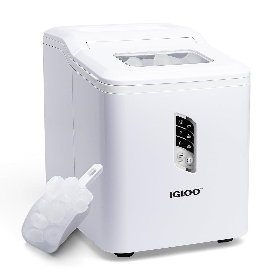 Igloo Automatic Ice Maker, Self- Cleaning, Countertop Size, 26 Pounds in 24 Hours, 9 Large or Small Ice Cubes in 7 Minutes, LED Control Panel, Scoop Included, Perfect for Water Bottles, Mixed Drinks (White)