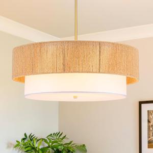 24'' Farmhouse Rattan Chandeliers for Dining Room,3-Light Boho Light Fixtures Rattan Pendant Light Fixture with Fabric Shade Drum Chandeliers for Bedroom Dining Room Foyer Kitchen Hallway