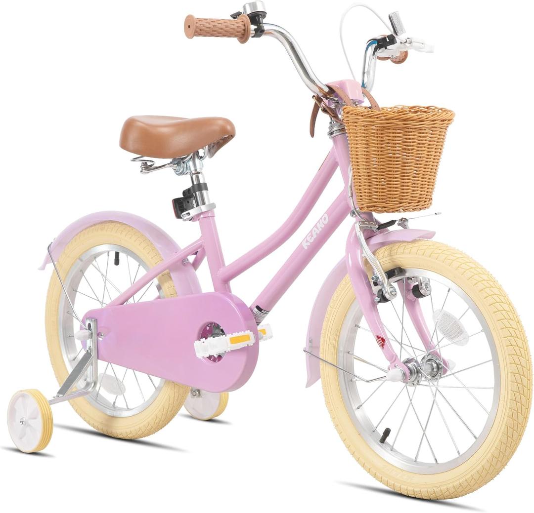 KEANO Girls Bike for 2-12 Years Old Toddlers and Kids, 12" Retro Style Kids Bike with Basket & Training Wheels, 20 Inch Kids' Bicycle with Kickstand, Multiple Colors