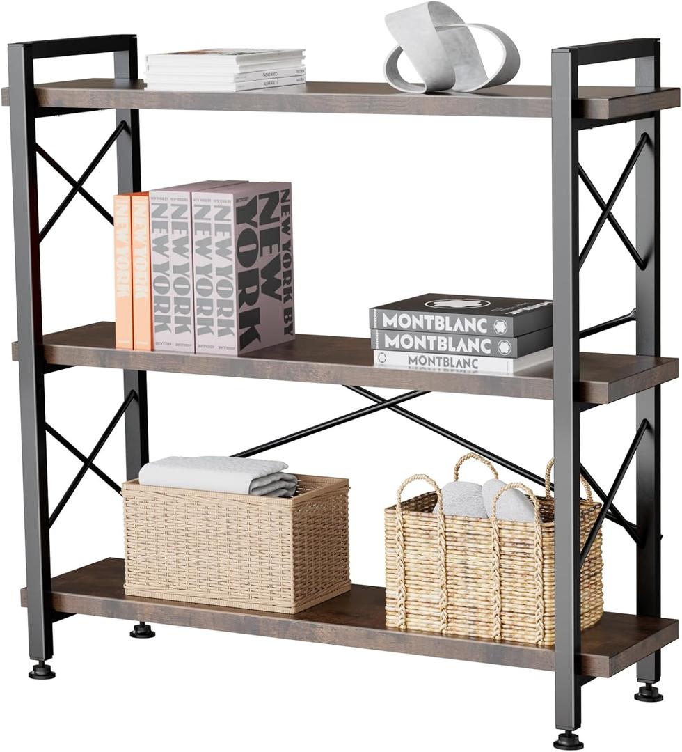 3 Tier Bookshelf, Open 3 Shelf Short Bookcase, Rustic Shelves with Metal Frame, Industrial Book Shelf for Bedroom Home Office Living Room, Rustic Brown