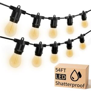 LED Outdoor String Lights, Shatterproof Waterproof 54Ft (Maximum 918Ft) Hanging Warm 2700K S14 Edison Bulbs Lighting for Patio Yard Porch Bistro Garden (54FT)