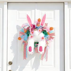 Easter Bunny Butt Wreath, Spring Door Decoration Kit, Colorful Ribbon and Floral Design, 18 x 15.9 Inches, Indoor Outdoor Welcome Sign (Classic)