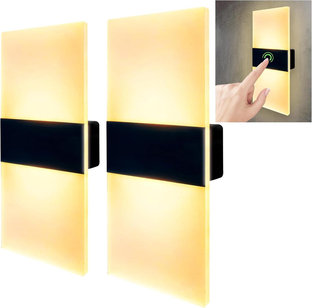 Wall Sconces Sets of 2, Wall Lights with White Frosted Glass Shade, Acrylic Rechargeable Wall Sconce, LED Touch Control Wall Light, Wall Lamps for Bedroom Living Room Kitchen and Hallway (Warm Light)