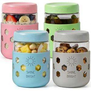 4 Pack Overnight Oats Containers with Lids - Thickened Glass 16 oz Mason Jars with Silicone Sleeves, Wide Mouth Airtight Leak-Proof Chia Seed Pudding Meal Prep Jars for Yogurt Parfait Snacks