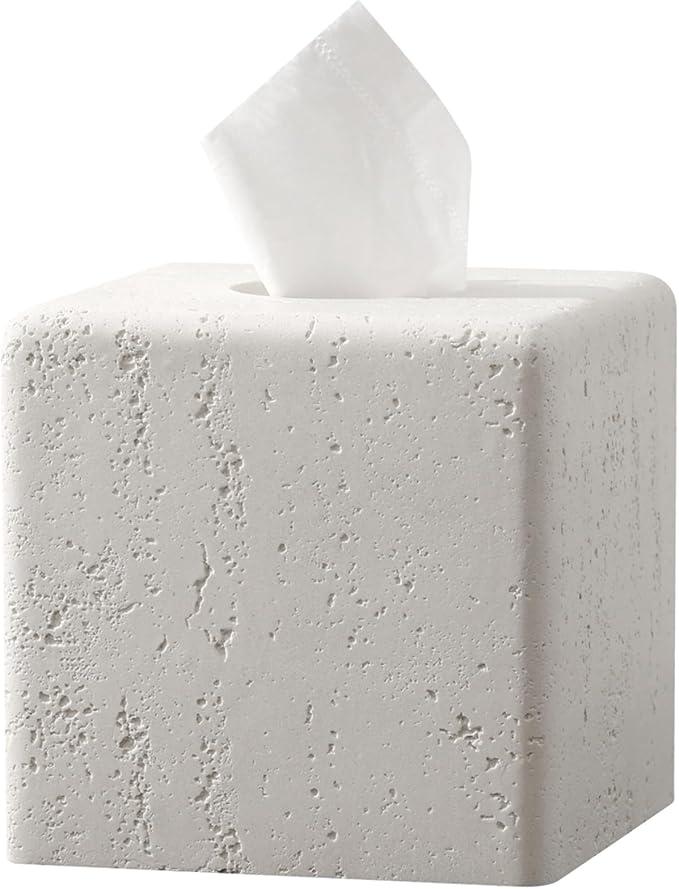 Travertine Tissue Box Cover Square Resin Facial Tissue Holder Covers Modern Paper Dispenser Home Decor for Bathroom Vanity Countertop Living Room Bedroom Office Dresser Desk Accessories Decorative (Off White)