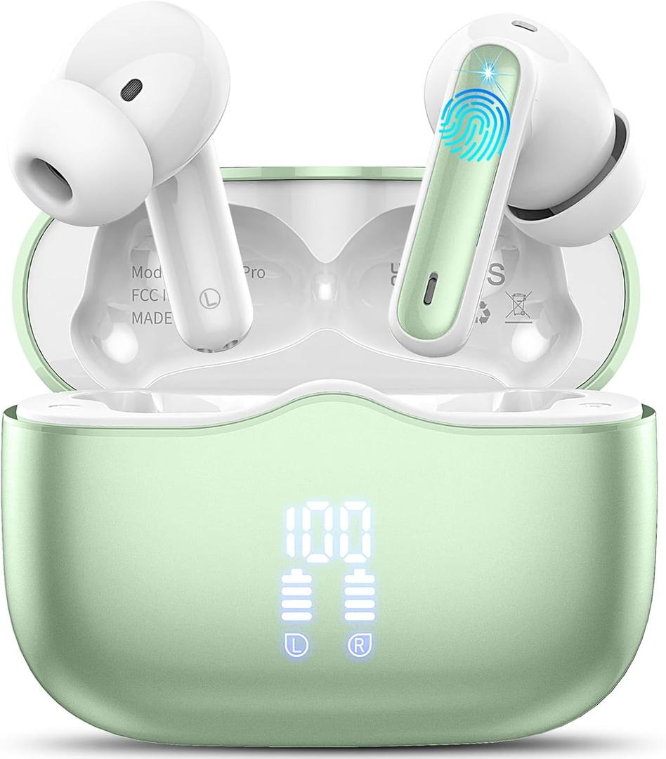 Wireless Earbud, Bluetooth 5.3 Headphones Deep Bass with 4 HD Mics, Wireless Headphones in Ear 40H Playtime, Bluetooth Earphones with Light Weight, IP7 Waterproof Ear Buds for Android IOS, Green