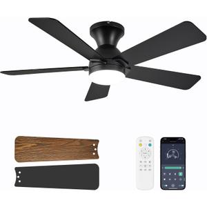 Ceiling Fans with Lights, 42 Inch Low Profile Ceiling Fan with Light and Remote Control, Flush Mount, Reversible, 3CCT, Dimmable LED, Quiet, Black Ceiling Fan for Bedroom, Kitchen