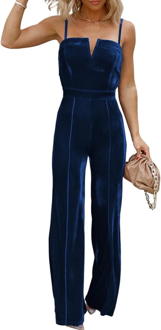 BLENCOT Sleeveless Velvet Jumpsuits For Women V Neck Spaghetti Straps Wide Leg Long Pants Dressy Rompers Winter Overalls S-XL (Small, Velvet Blue)