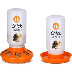 Chick Feeder and Waterer Kit, 2-in-1 Chick Starter Set, 0.3Gal Chicken Feeder and Waterer Set, Baby Chick Starter Kit for Poultry (Orange, 1L)