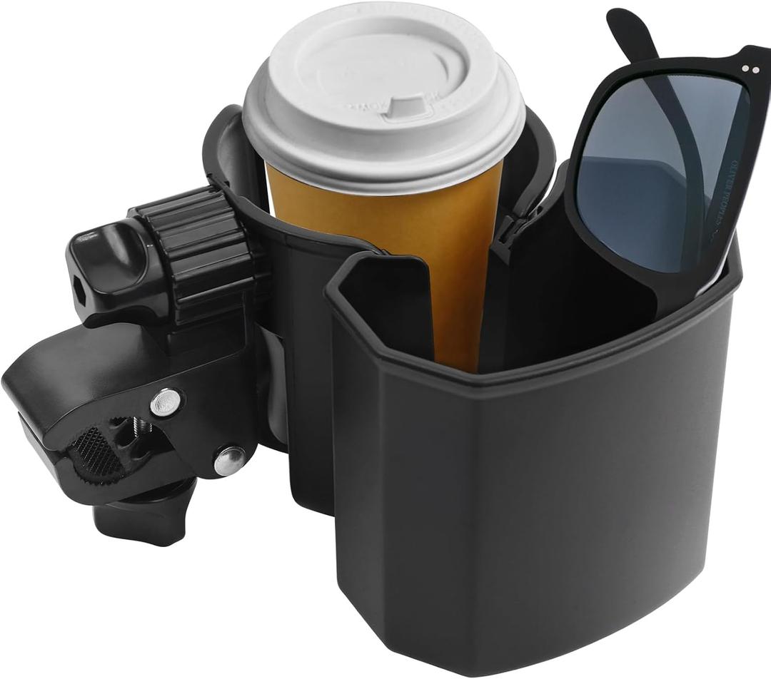 Universal Stroller Cup Holder with Phone Holder, 360° Rotatable Strong Clip, Big Storage Space for Walker, Wheelchair, Stroller, Bike