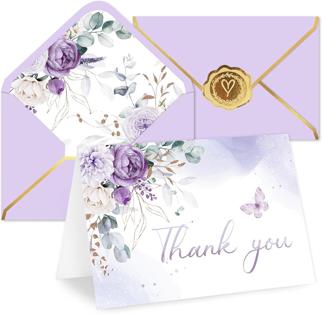 Whaline 50 Pack Spring Purple Floral Thank You Card Lavender Flower Greeting Card with Envelope Sticker Blank Note Cards for Baby Shower Party Invitation Supplies, 4 x 6 Inch
