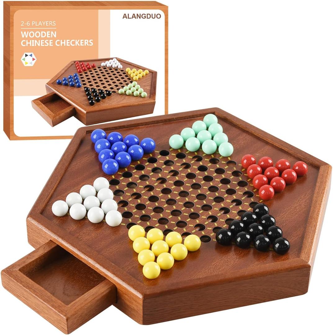 Wooden Chinese Checkers with Drawers 12 Bonus Spare Marbles| Natural Wooden Board Game| Includes 60 Colorful Acrylic Marbles | Family Board Game for Kids and Adults (12.7 Inches)