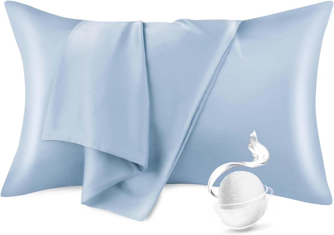 100% Pure Mulberry Silk Pillowcase for Hair and Skin, Standard Size 20*26 Cooling Silk Pillow Case by Zipper Closure, Smooth Dual Sides Silk Pillow Cover for Women. (Light Blue,Standard-1 Pcs)