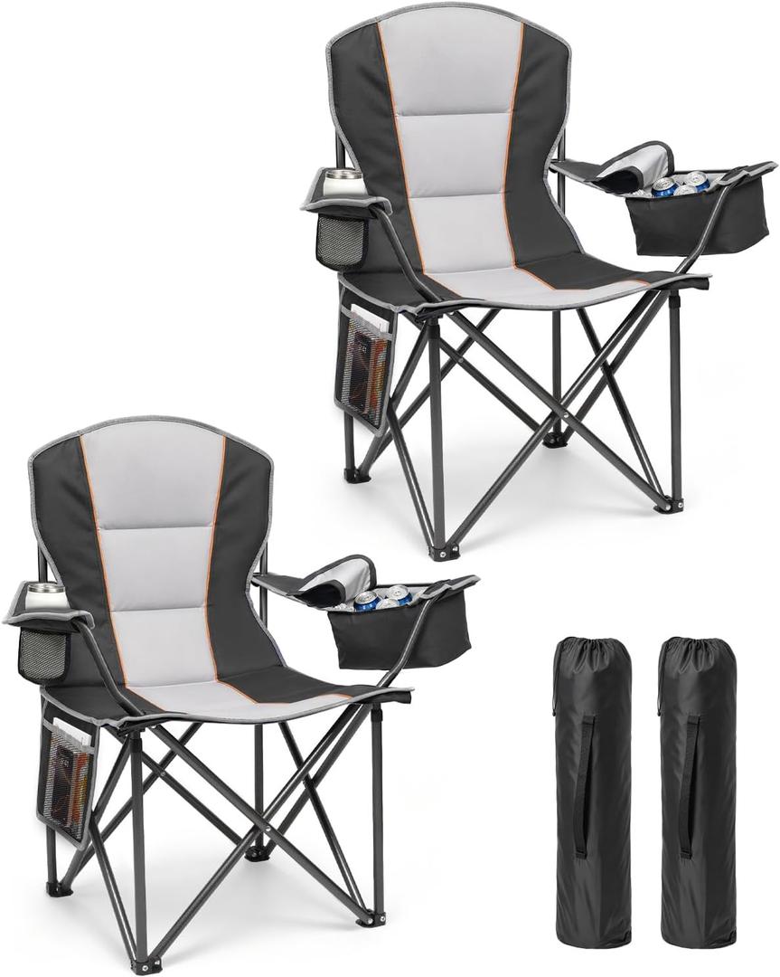 HOPERAN Camping Chair 500lb Folding Lawn Chair for Outside, Balck, 2 Pack, Oversized