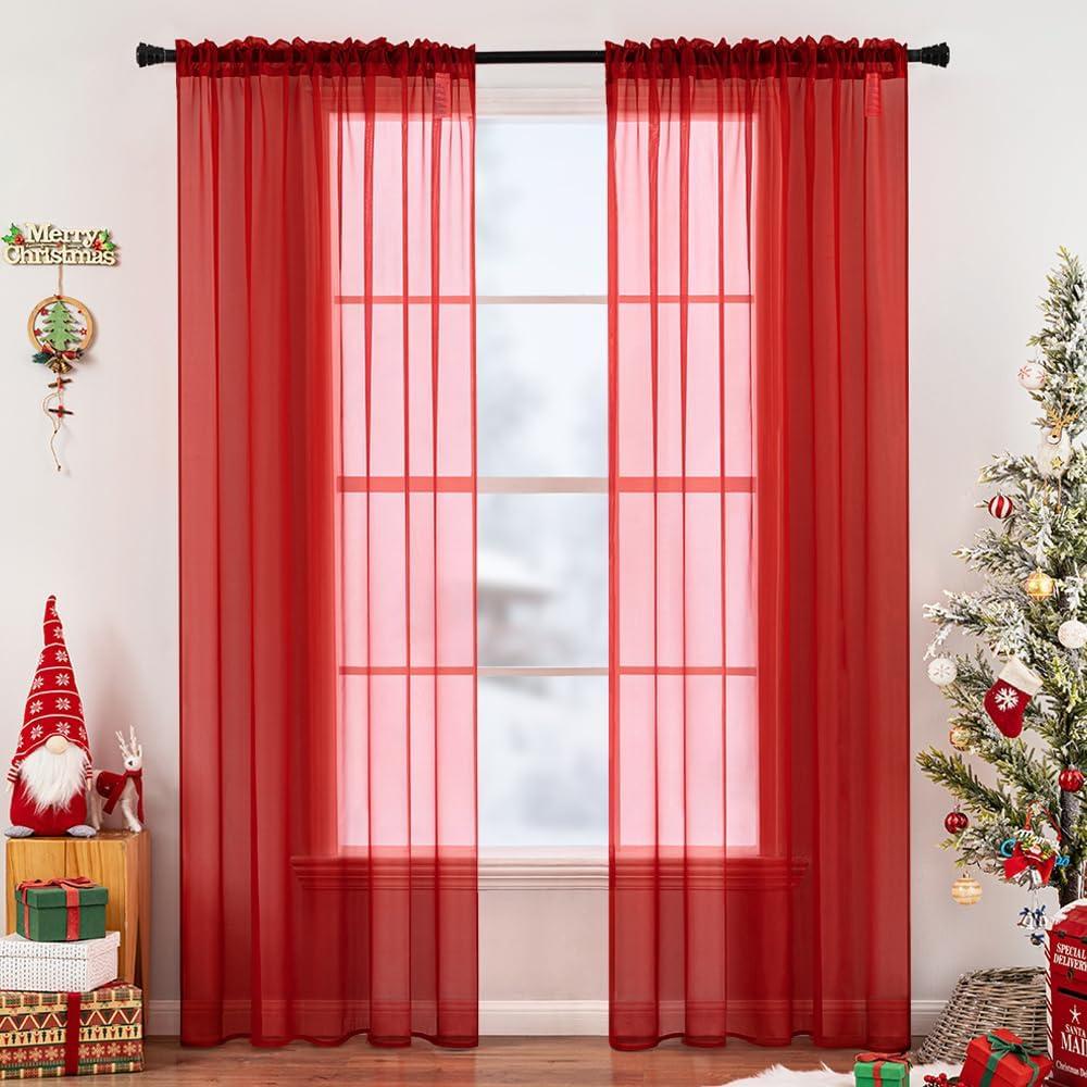 MIULEE 2 Panels Red Solid Color Sheer Christmas Window Curtains Elegant Window Voile Panels/Drapes/Treatment for Bedroom Living Room (54X84 Inches)