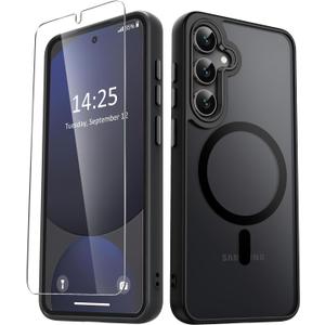 for Samsung Galaxy S25 Case, Matte Magnetic Phone Case with 1 Screen Protector, Support for Magsafe, Translucent Frosted Shockproof Protective Cover for Samsung Galaxy S25, Black