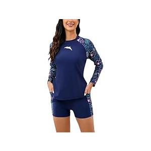 Halcurt Women's Built in Bra Rash Guard Long Sleeve Swimwear UPF 50 Two Piece Swim Shorts and Tops 2XL