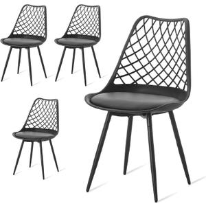 Set of 4 Modern Dining Chairs - Plastic Kitchen Shell Chairs with PU Leather Cushion Padded Seat - Mesh Design Side Chair for Indoor/Outdoor Dining Room Living Room Cafe Restaurant and Office -Black