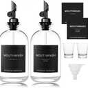 Black Glass Mouthwash Dispenser with Cups, 12.7 oz, 2 Pack - Clear Mouthwash Bottle with 304 Stainless Steel Spout & Minimalist Labels, Style Mouthwash Container for Bathroom