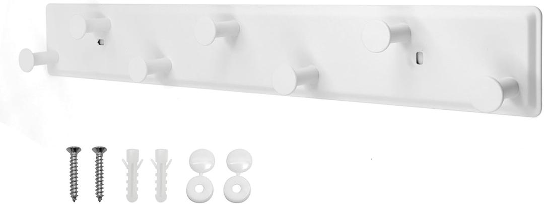 Coat Rack Wall Mount, White Wall Coat Rack Screw in, Metal Door Hooks for Hanging Hats, Towels, Clothes with 7 Round Rails, Mudroom, Bathroom Entryway