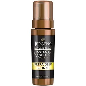 Jergens Natural Glow Instant Sun Body Mousse, Self Tanner for Ultra Deep Bronze Tan, Sunless Tanning Body Bronzer, Natural Looking Fake Tan, 6 Oz
