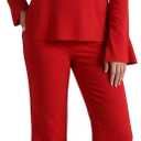 BWQ Sexy 2 Piece Outfits for Women Long Sleeve Wide Leg Pants Casual Lounge Matching Sets (Red, XL)