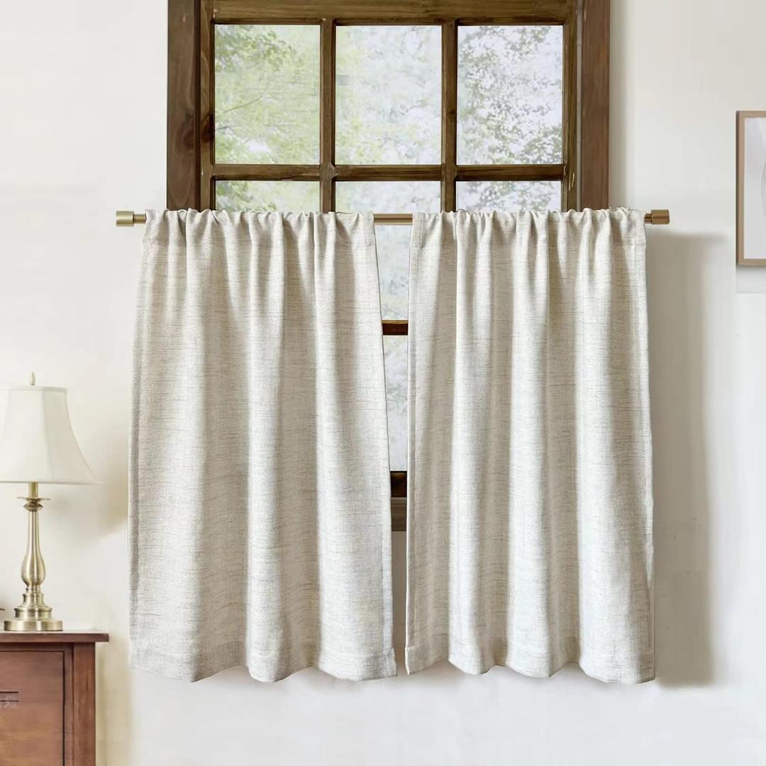 Faux Linen Kitchen Curtains 36 Inch Length Cafe Curtain Tiers for Living Room Bathroom Basement Windows Country Rustic Small Short Curtains, Set of 2, Natural