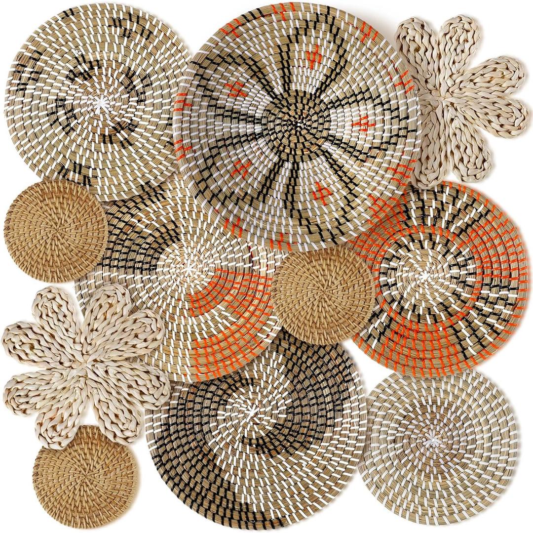 Boho Hanging Wall Basket Decor Handmade Woven Basket Wall Decorative Boho Wicker Baskets Placemats Round Farmhouse Bulrush Art for Rustic Home Decorations Christmas Gift(Cute)