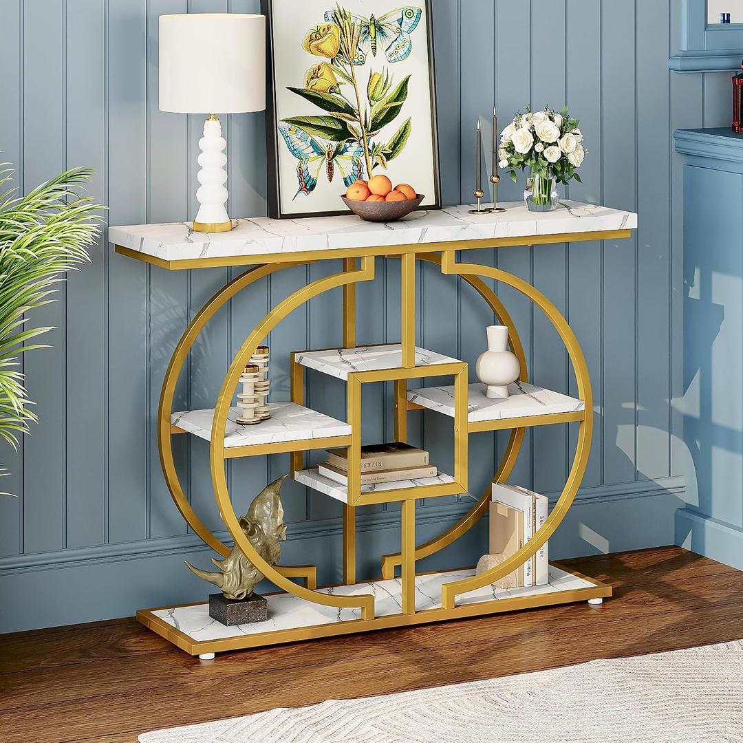 GiftGo Narrow Console Table for Entryway Industrial 4-Tier Sofa Table Behind Couch with Circle Base Rustic Wooden Accent Tables with Storage Shelves for Living Room, Hallway, Foyer (Gold and White), 41.3" x 11.8" x 31.5"