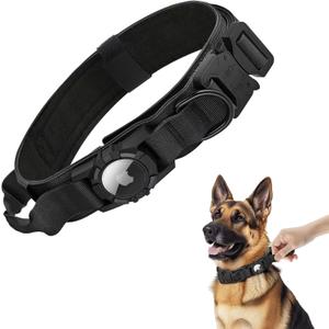 Waterproof Tactical Dog Collar with AirTag Holder - Heavy Duty Adjustable Collar for Medium to Large Dogs, Control Handle & Apple AirTag Compatible [Black, (L(16.5"-20.5"))