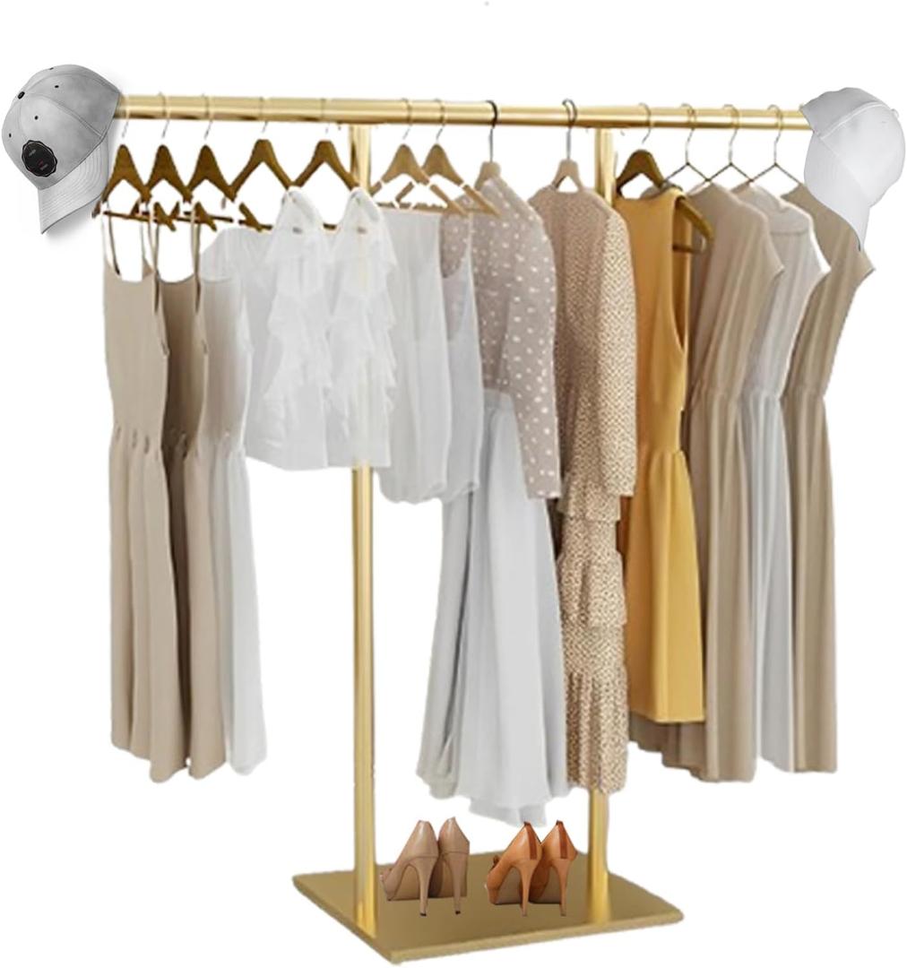 Gold Racks for Boutique, Gold Garment Rack, Double Pole Supported Stable Metal Retail Clothes Stand, Freestanding Clothes hanging Rack in Bedroom and Laundry Room (gold, 39.37X51.18in)