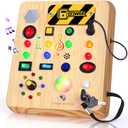 Busy Board with LED Light, Wooden Sensory Toys for Toddler, Montessori Music Toy for Airplane, Travel Activity Educational Learning Autism Toys, Birthday Boys Girls Gifts