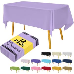 Premium Disposable Table Cloth - 12 Pack, 54 x 108 Inch Table Cloths for Parties, Decorative Tablecloths for Rectangle Tables, Lavender Plastic Table Cover, Leakproof & Sturdy, Lavender