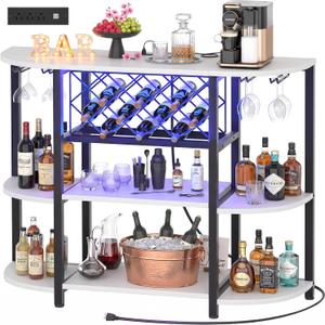 Unikito Wine Bar Cabinet with LED Lights and AC Outlets with USB-C Ports, 4-Tier