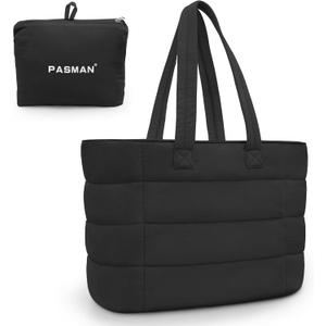 Tote Bag for Women, Lightweight Puffy Foldable Tote Bag With Zipper,Quilted Shoulder Bag for Travel,College,Work (15.6 Inch, Black)