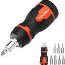 ValueMax 8-in-1 Stubby Ratcheting Screwdriver, Multi-bit Screwdriver, Quick-load Mechanism, Adjustable Magnetic Tool with Phillips, Slotted, Torx Screw Driver Bits and 1/4" Nut Driver