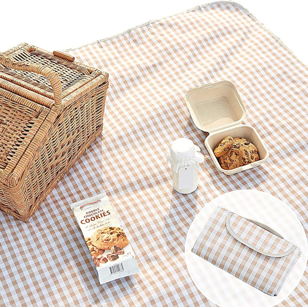 ESLA Cute Gingham Picnic Blanket, Waterproof Foldable, in Large 80x60in and Extra Large 80x80in, Portable Compact Beach Blanket, Oversized XL Outdoor Mat, Tan Gingham