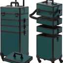 Makeup Train Case, Rolling Makeup Case with Lid, 5 in 1 Cosmetology Case on Wheels, Christmas Gift, Large Makeup Case Organizers, Profesional Cosmetic Case for Salon Barber, Black Green (4 layers)