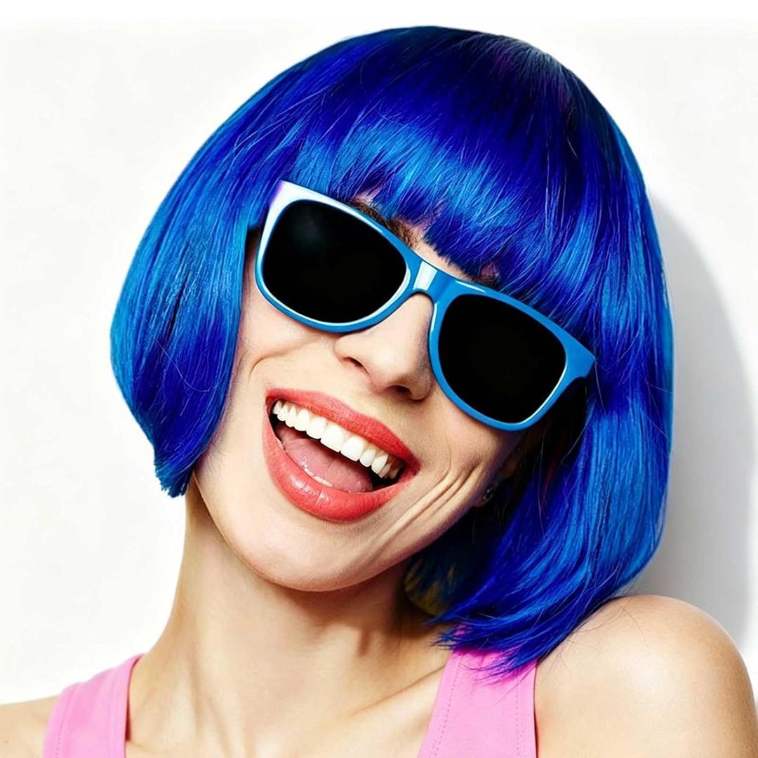 Blue Bob Wig With Bangs 12 Inch Royal Blue Wig Short Synthetic Fiber Bob Wigs for Women Short Bob Wigs and Halloween Cosplay Wig for Daily Life Colorful Wigs With One Cap (Blue)