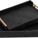 2 Piece Woven Leather Ottoman Tray with Gold Handles, Perfect Rectangular Serving Tray for Living Room, Coffee Table Tray as Thoughtful Gift for Home Decor Enthusiasts (Black)